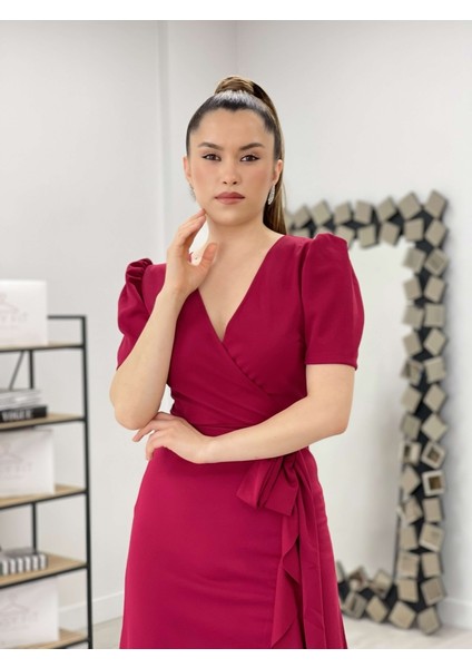 Crep Kumaş Midi Elbise - Bordo