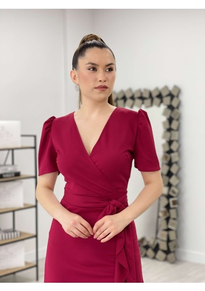 Crep Kumaş Midi Elbise - Bordo