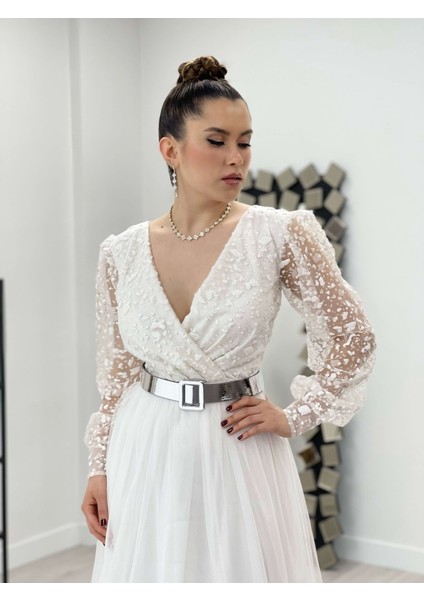 Kruvaze Yaka Simli Kumaş Elbise - Beyaz fırsatları