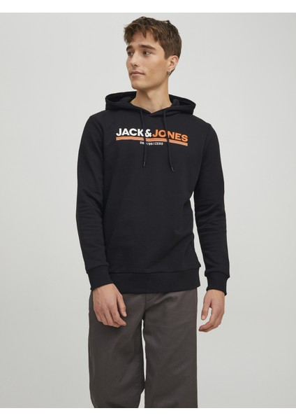 Frederik Erkek Siyah Baskılı Kapüşonlu Sweatshirt