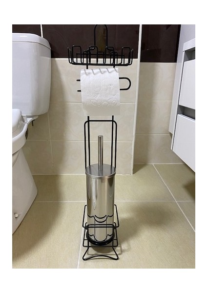 Metal Gri Ayaklı Tuvalet Kağıtlığı Wc Kağıtlık Paslanmaz Yedekli Tuvalet Kağıtlığı ve Wc Fırçalı Set