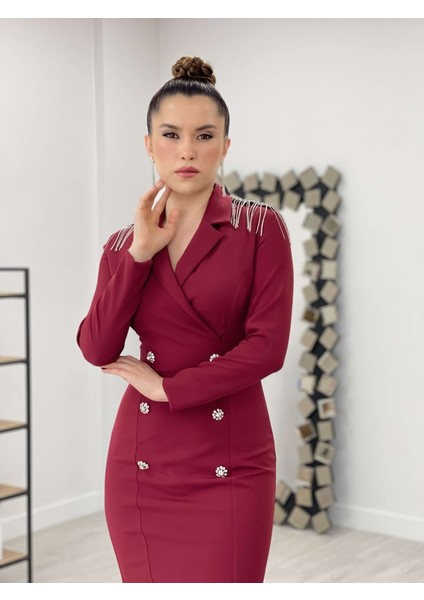 Atlas Kumaş Omuz Püsküllü Ceket Elbise - Bordo modelleri