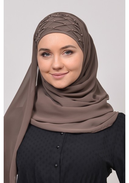 Nervür Boncuklu Pileli Pratik Şifon Tesettür Şal-Vizon
