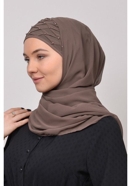 Nervür Boncuklu Pileli Pratik Şifon Tesettür Şal-Vizon modelleri