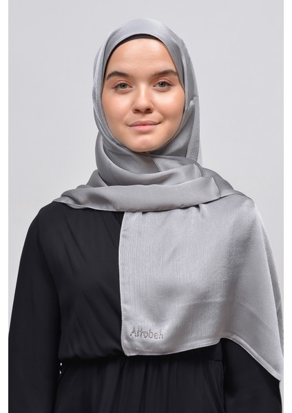 Janjan Parlak Saten Dokulu Tesettür Abiye Şifon Şal-Gri