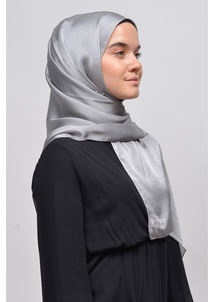 Janjan Parlak Saten Dokulu Tesettür Abiye Şifon Şal-Gri modelleri