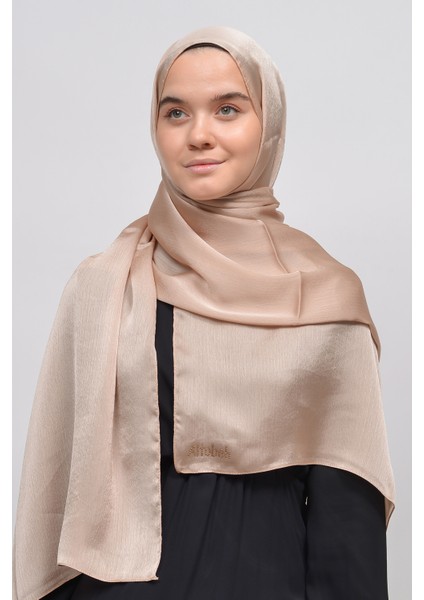 Janjan Parlak Saten Dokulu Tesettür Abiye Şifon Şal-Koyu Bej