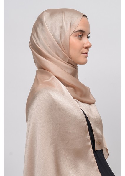 Janjan Parlak Saten Dokulu Tesettür Abiye Şifon Şal-Koyu Bej modelleri