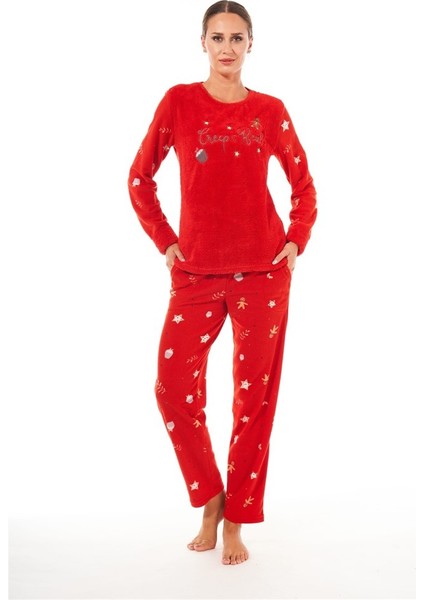 Desenli Günlük Peluş Polar Bayan Pijama Takım
