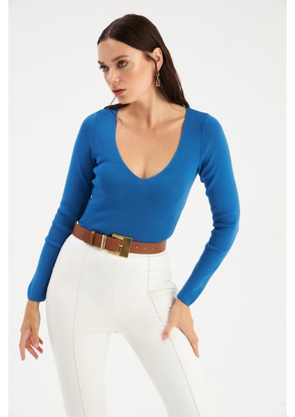 V Yaka Triko Crop - Indigo modelleri