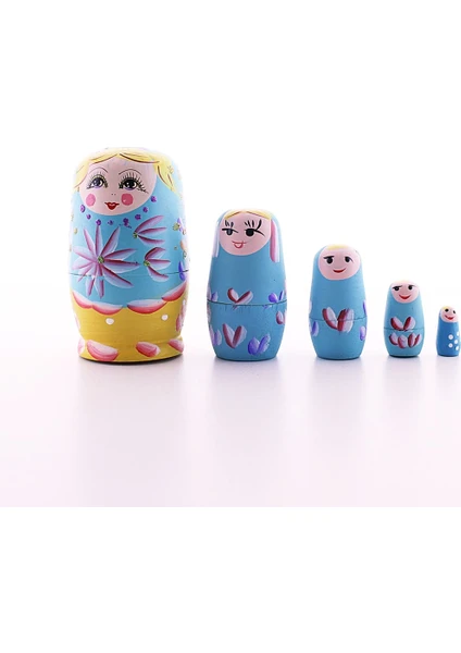 Home Dekor Hediye Sevgiliye Hediye Ahşap Tombul Iç Içe Matruşka Bebek Mavi 1 Set 5li Büyük Boy