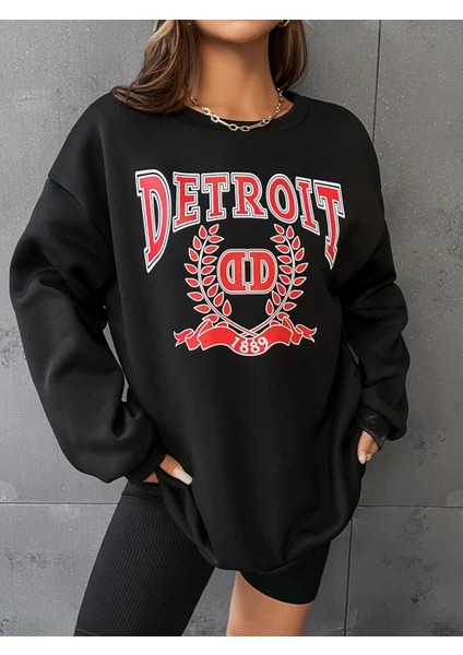 Kadın Detroit Baskılı Oversize Sweatshirt