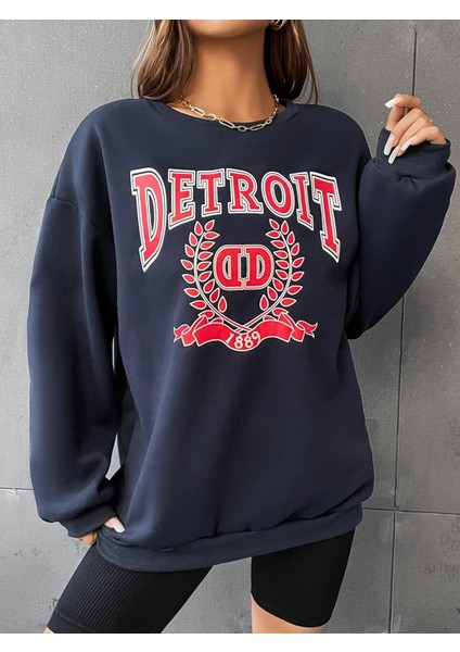 Kadın Detroit Baskılı Oversize Sweatshirt