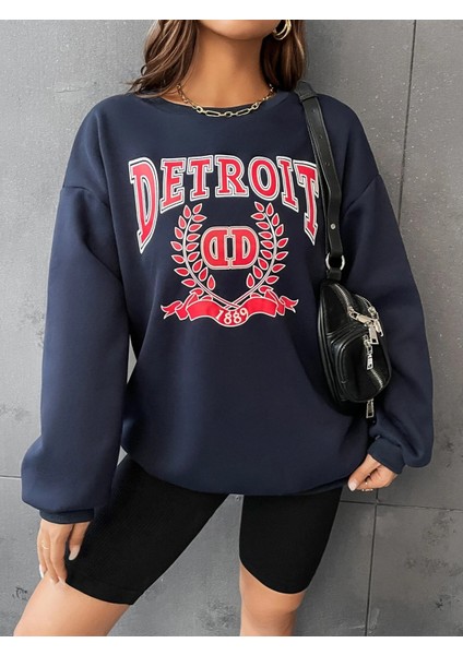 Kadın Detroit Baskılı Oversize Sweatshirt