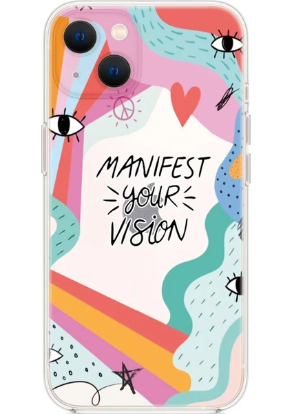 iPhone 14 Uyumlu Manifest Your Vision Desenli Şeffaf Silikonlu Telefon Kılıfı