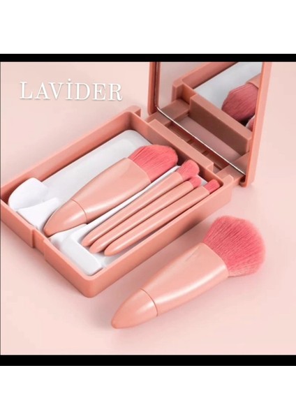 Taşınabilir Aynalı 5'li Makyaj Fırça Seti Profesyonel Allık Dudak Kaş Göz
