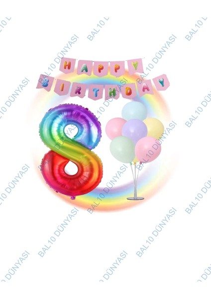 Gökkuşağı Folyo Balon Happy Bırthday Banner ve Balonlu Balon Standı 8 Yaş