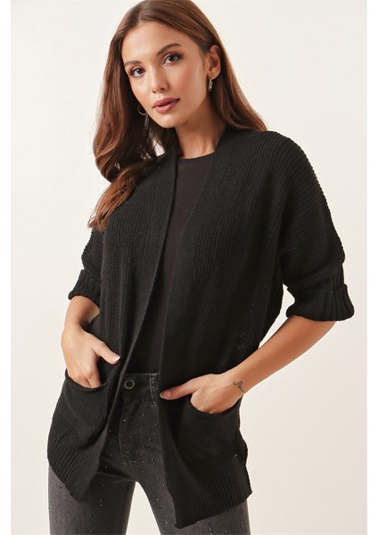 Yarım Balıkçı Yarasa Kol Cepli Triko Panço Hırka Siyah