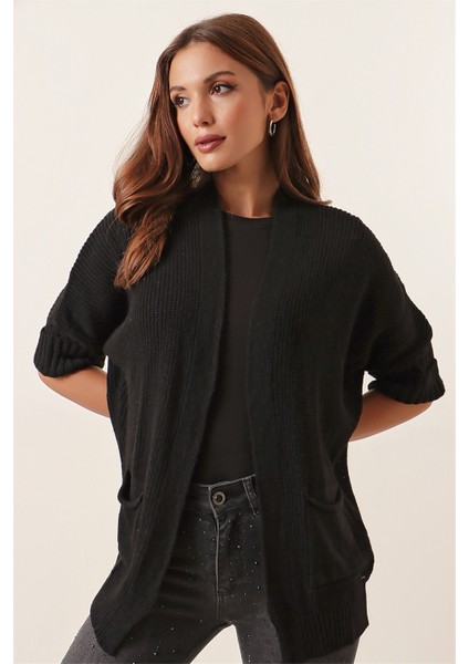 Yarım Balıkçı Yarasa Kol Cepli Triko Panço Hırka Siyah modelleri