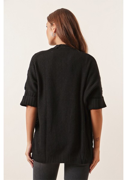 Yarım Balıkçı Yarasa Kol Cepli Triko Panço Hırka Siyah fırsatları