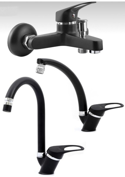 Siyah Krom Lavabo - Mutfak- Banyo Bataryası Çeşmesi Musluğu 3'lü Set