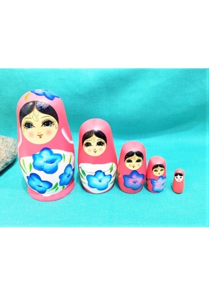 Sevgiliye Özel Günlere Hediye Dekoratif Süpriz Iç Içe Geçen Ahşap Pembe Matruşka Bebek 5'li