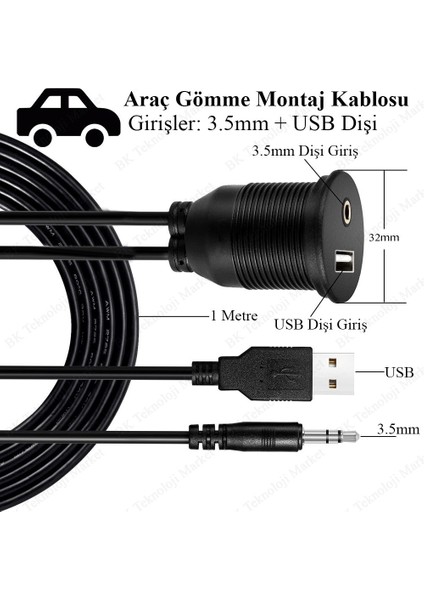 Araç Paneline Uygulanabilir Ses-Usb Uzatma Kablosu - 2 Metre modelleri