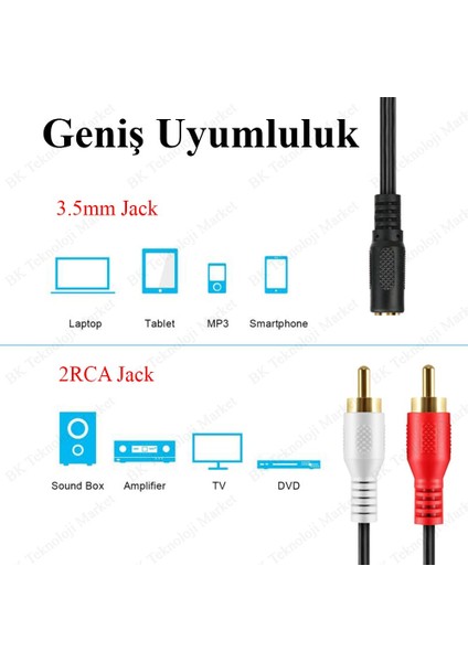 BK Teknoloji 3.5mm Dişi 2 Rca Erkek Stereo Ses Kablosu