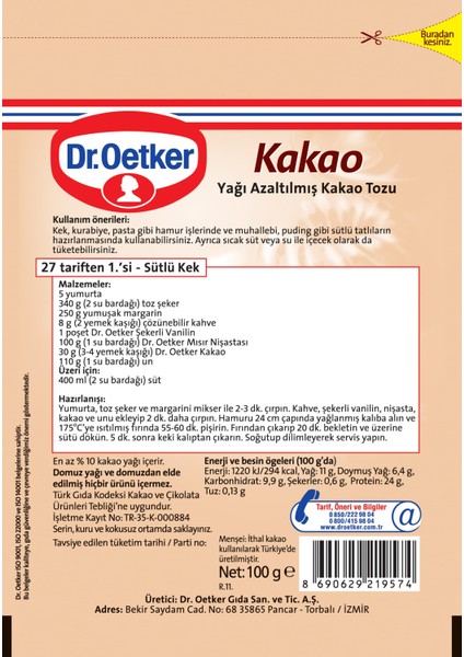 Dr.Oetker Kilitli Poşet Kakao 100 Gr