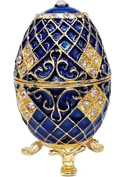 Faberge Yumurta Swarovski Taşlı Lüks Mücevher Kutusu Mavi 10CM