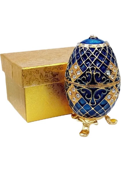 Faberge Yumurta Swarovski Taşlı Lüks Mücevher Kutusu Mavi 10CM