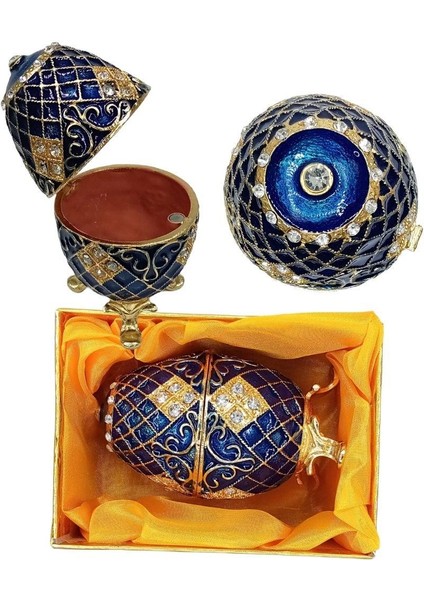 Faberge Yumurta Swarovski Taşlı Lüks Mücevher Kutusu Mavi 10CM