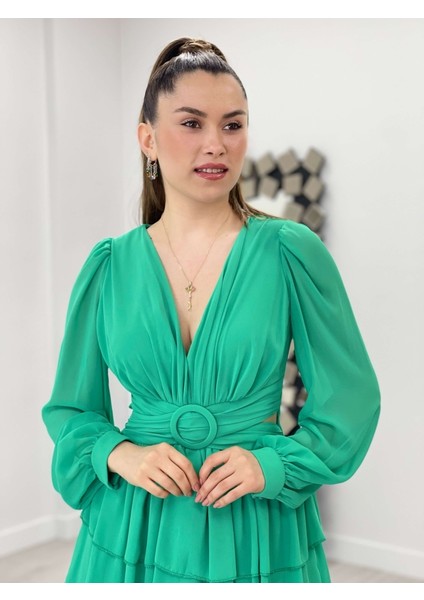 Şifon Krep Kumaş Sırt Detaylı Elbise - Mint Yeşil