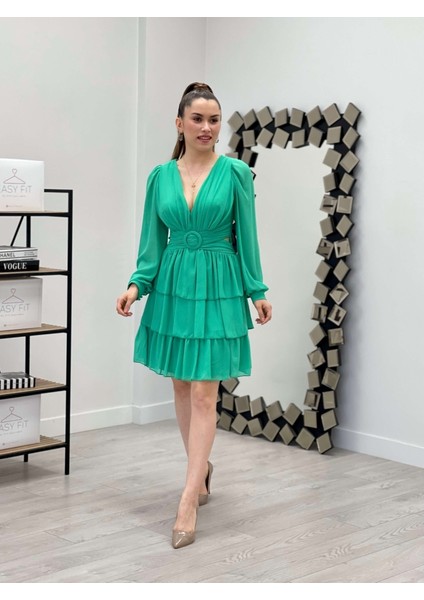 Şifon Krep Kumaş Sırt Detaylı Elbise - Mint Yeşil