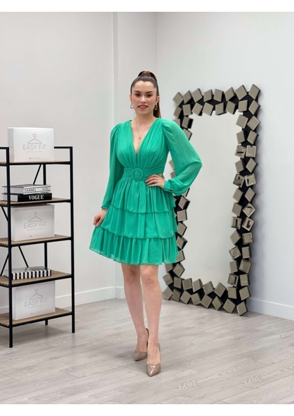 Şifon Krep Kumaş Sırt Detaylı Elbise - Mint Yeşil fiyatları