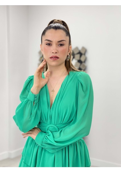 Şifon Krep Kumaş Sırt Detaylı Elbise - Mint Yeşil fırsatları