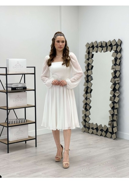 Şifon Krep Kumaş Kare Yaka Midi Elbise - Beyaz