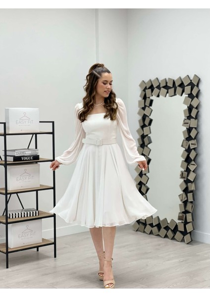 Şifon Krep Kumaş Kare Yaka Midi Elbise - Beyaz fiyatları