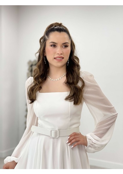 Şifon Krep Kumaş Kare Yaka Midi Elbise - Beyaz fırsatları