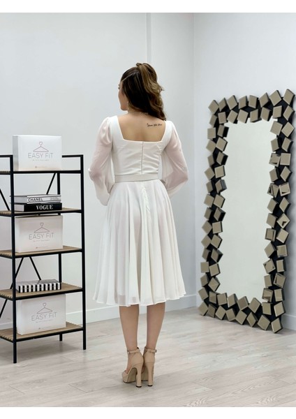 Şifon Krep Kumaş Kare Yaka Midi Elbise - Beyaz indirimleri