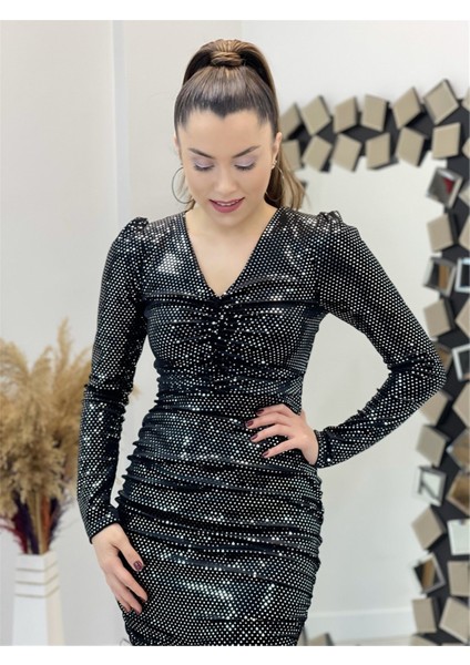 Kadife Noktalı Mini Elbise - Siyah modelleri