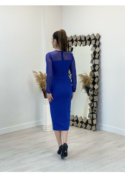 Krep Kumaş Tül Detaylı Kalem Elbise - Saks Mavisi indirimleri