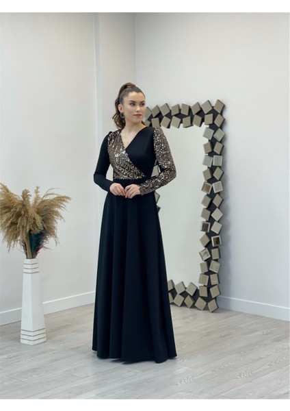 Krep Kumaş Payet Detaylı Elbise - Bronz