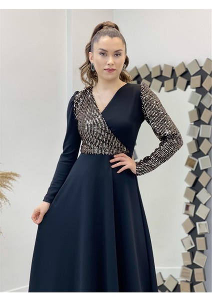 Krep Kumaş Payet Detaylı Elbise - Bronz