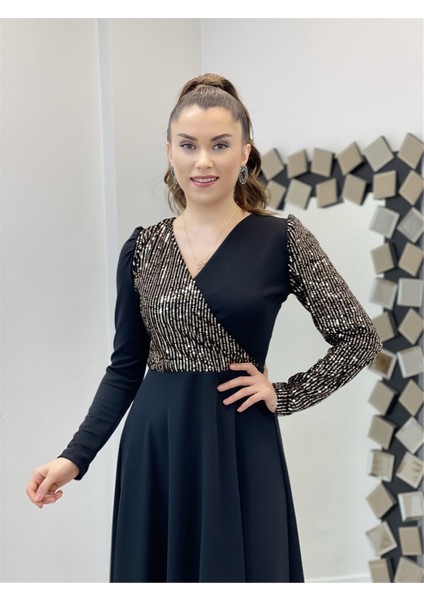 Krep Kumaş Payet Detaylı Elbise - Bronz