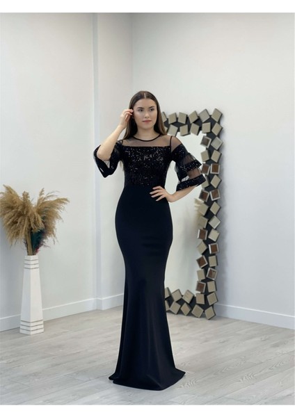 Üst Payet Alt Krep Kumaş Abiye Elbise - Siyah