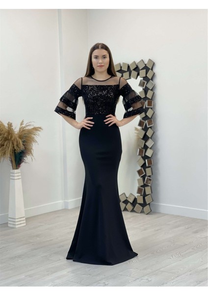 Üst Payet Alt Krep Kumaş Abiye Elbise - Siyah fiyatları
