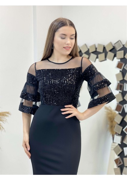Üst Payet Alt Krep Kumaş Abiye Elbise - Siyah fırsatları