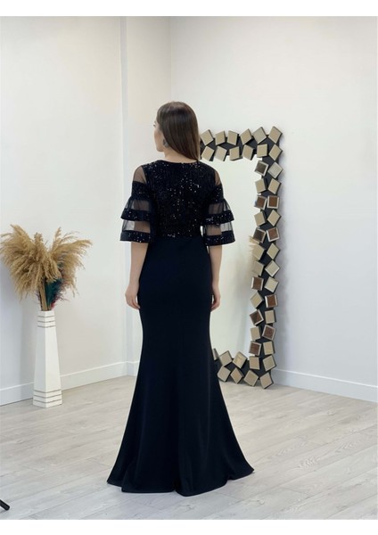 Üst Payet Alt Krep Kumaş Abiye Elbise - Siyah indirimleri