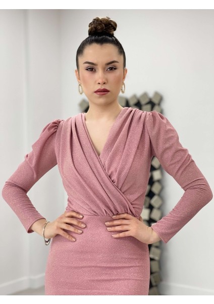Simli Kalem Elbise - Pudra modelleri